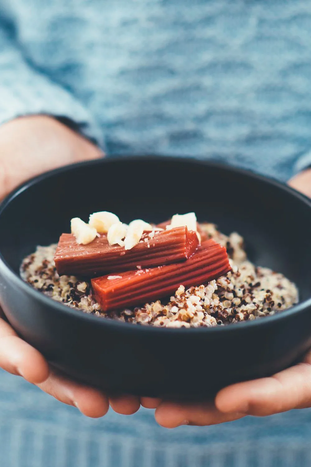 Macadamia quinoa porridge with baked rhubarb