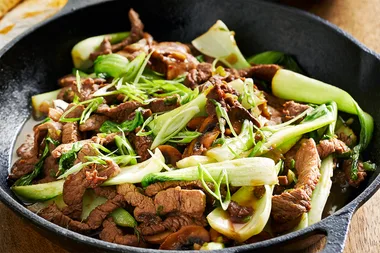 Chilli salted beef with mushrooms and flat noodles.