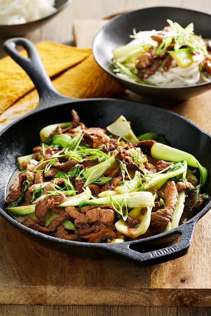 Chilli salted beef with mushrooms and flat noodles