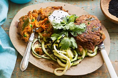 Spiced carrot and pea fritters with zucchini salad