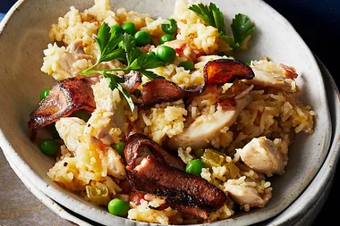 Lightly-spiced chicken, bacon and cheeseburger pilaf