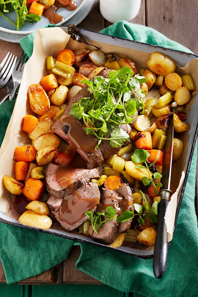 Beef roast with glazed vegetables