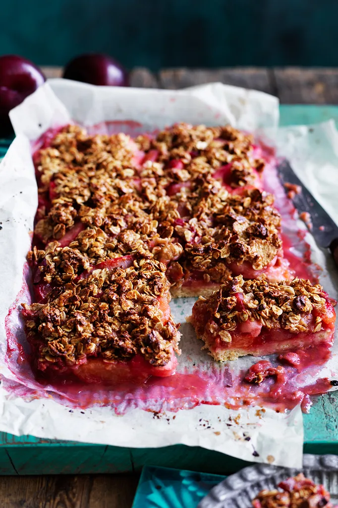 Plum and ginger crumble dessert slice