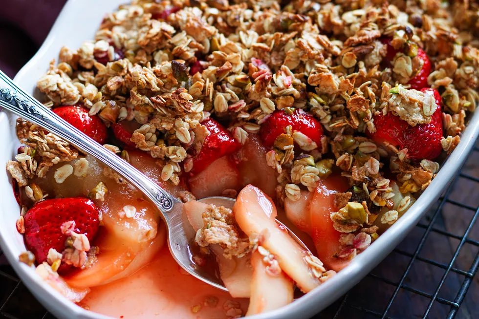 Healthier strawberry apple crumble using wholemeal flour and granulated sugar substitute