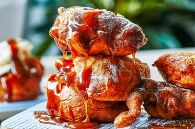 Apple beignets with caramel sauce