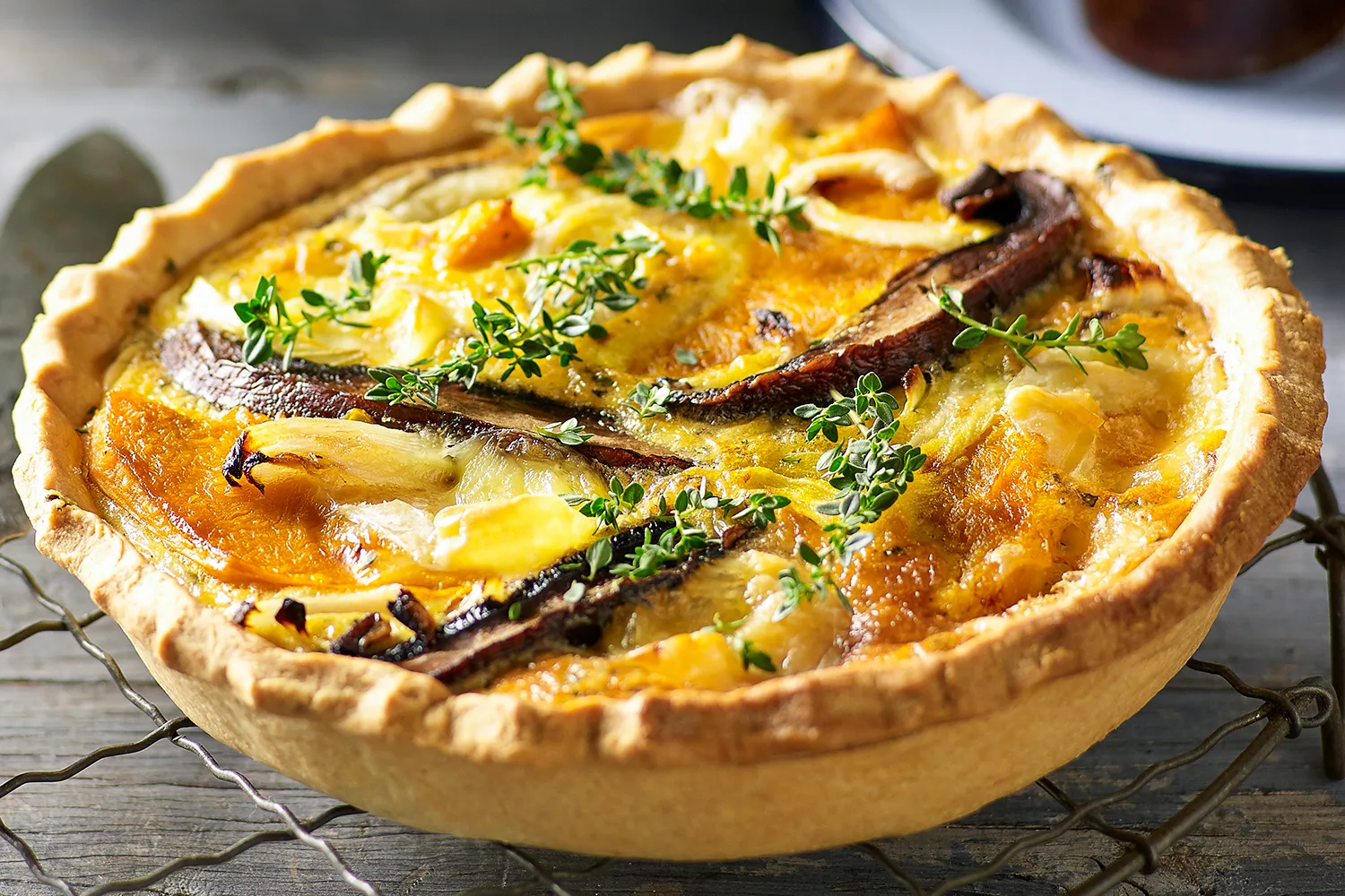 Roasted mushroom, pumpkin, cheese and egg tart