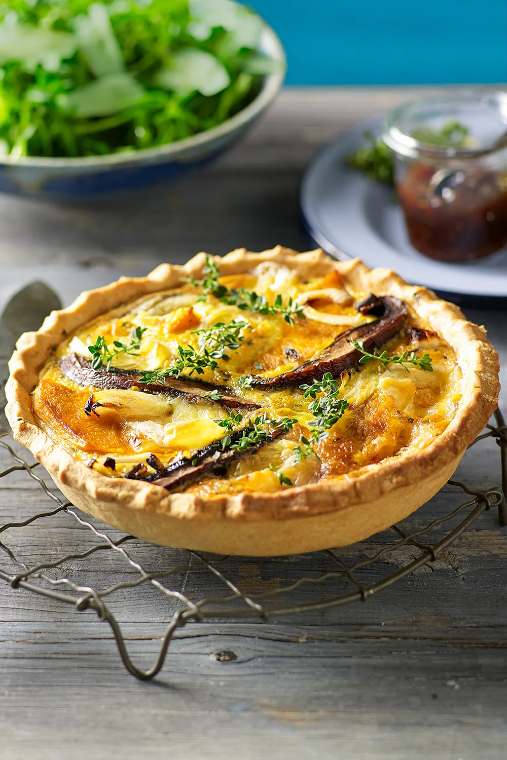 Roasted mushroom, pumpkin, cheese and egg tart