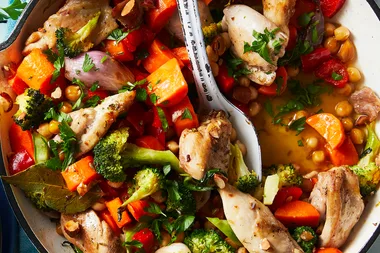 Chicken, vegetable and chickpea skillet bake