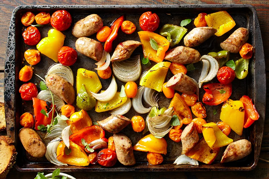 Roast chicken sausages and capsicum tray bake recipe Recipe | Better Homes & Gardens Australia