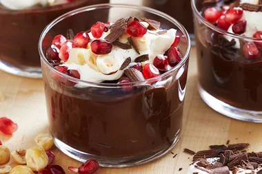 Chocolate-avocado mousse with hazelnuts and pomegranate