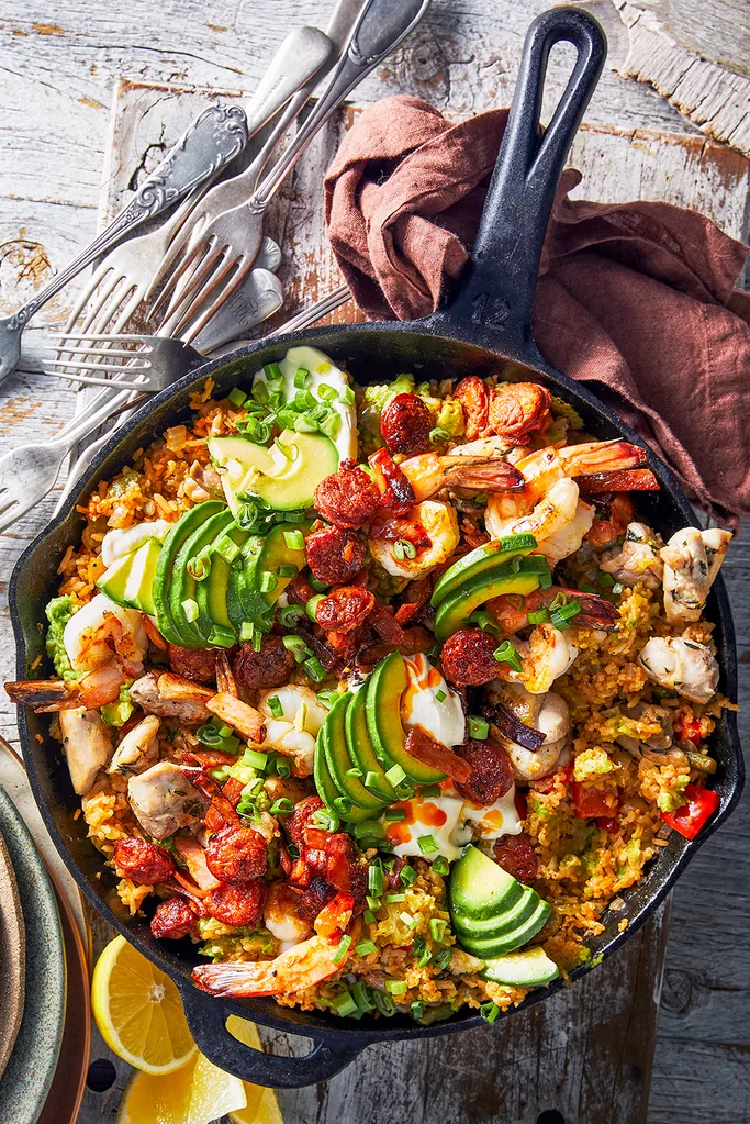 Avocado, prawn and sausage jambalaya