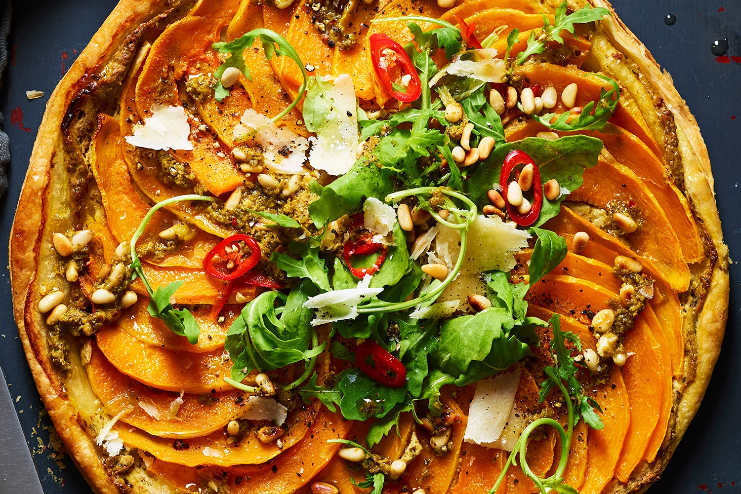 Pumpkin pine nut and chilli pesto tart-image