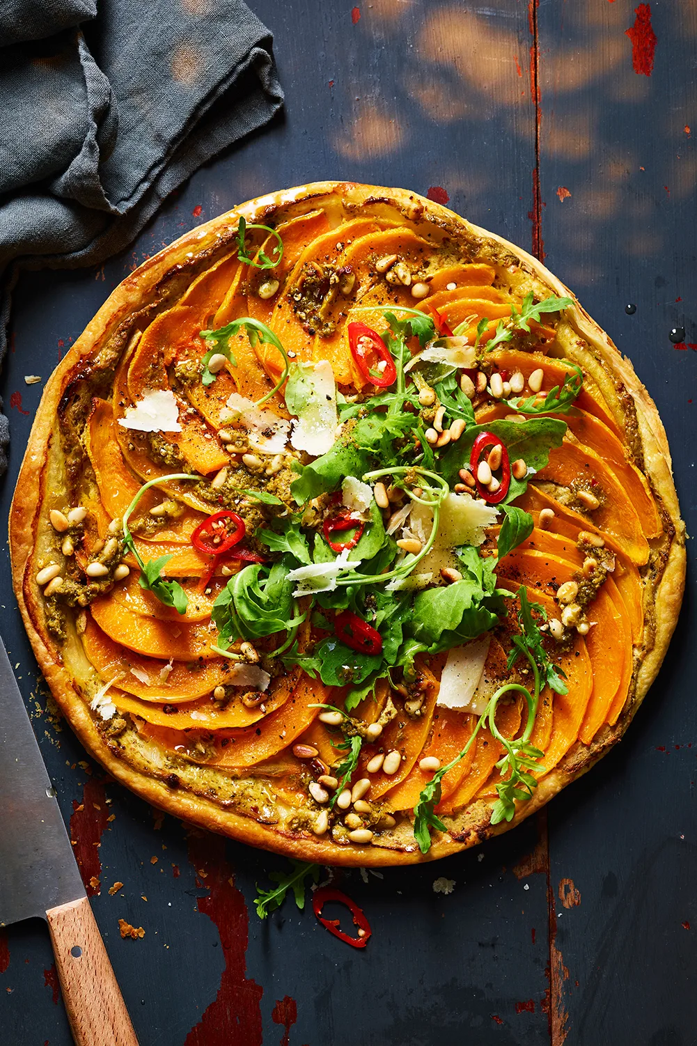 Pumpkin pine nut and chilli pesto tart