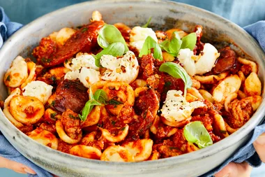 Pork and chorizo orecchiette with mozzarella with chilli flakes
