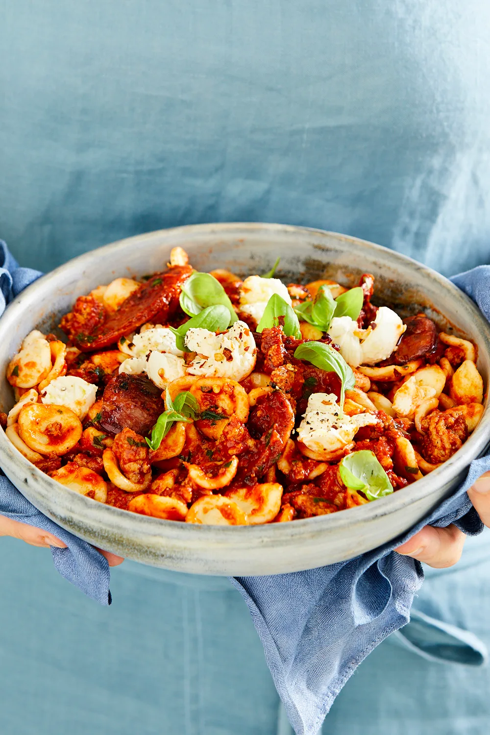 Pork and chorizo orecchiette with mozzarella with chilli flakes