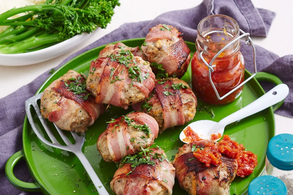 Bacon wrapped rissoles with chilli jam recipe Recipe - Better Homes ...