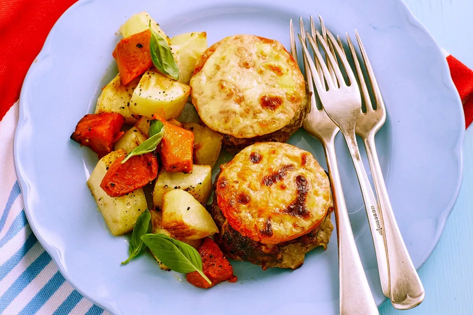 Baked tomato and cheese rissoles with vegetables recipe Recipe | Better Homes & Gardens Australia