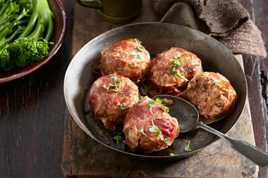 Beef and prosciutto rissoles with redcurrant gravy