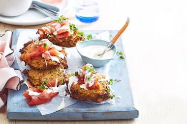 Vegetable fritters with smoked salmon