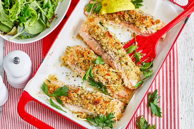 crusted salmon in a baking tray