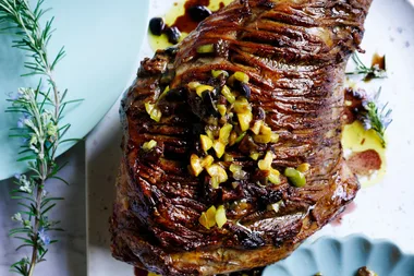 Flame-roasted lamb leg with double olives