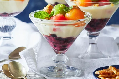 White chocolate custard with blueberries and melon