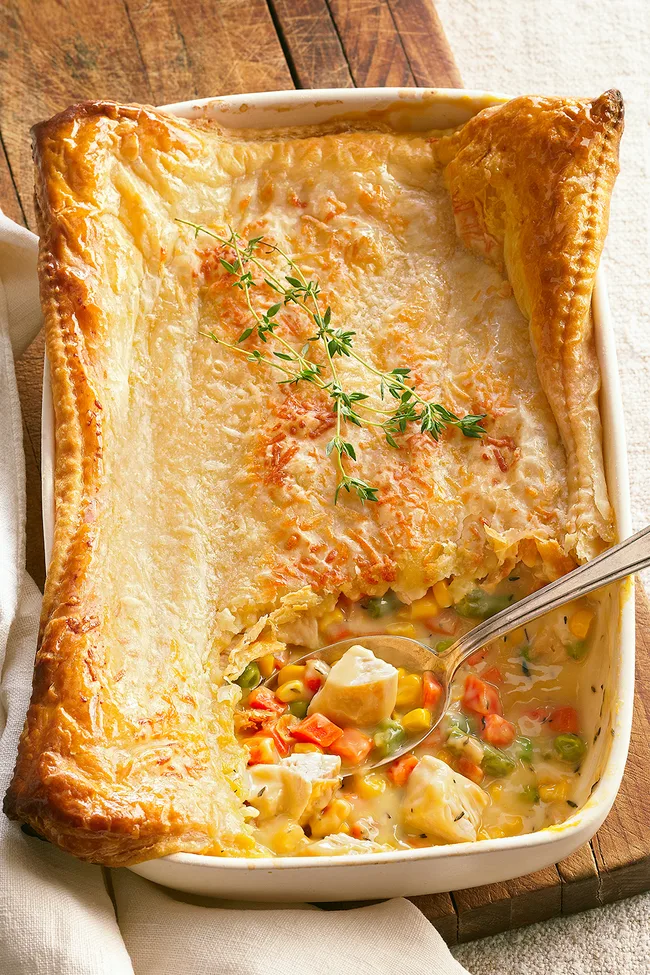 Chicken and potato bake with a puff pastry pie topping