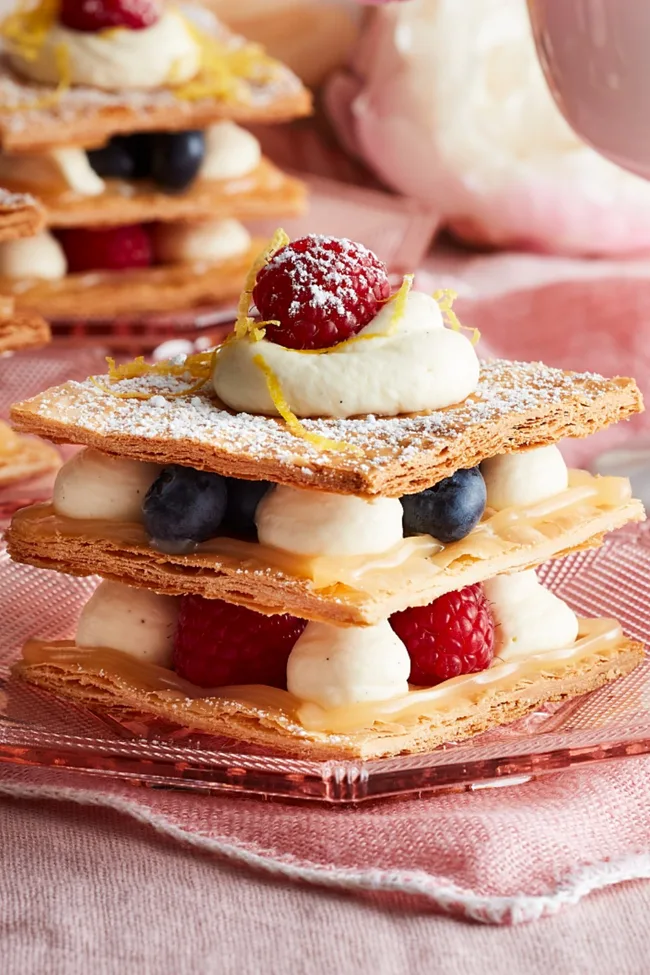 Easy berry cheesecake mille feuille made using puff pastry