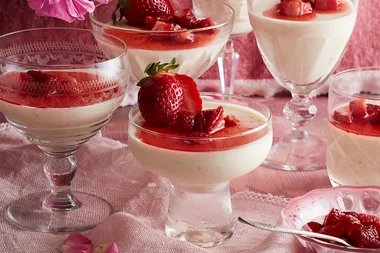 Lime yoghurt panna cotta with roasted strawberries