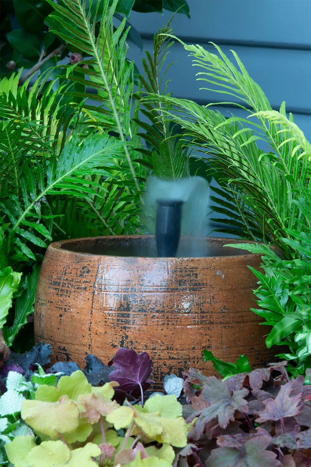 water feature spraying misty water onto ferns and foliage
