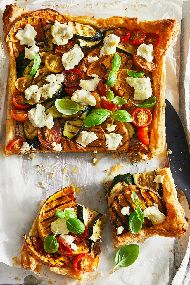 Tray bake tart made using puff pastry