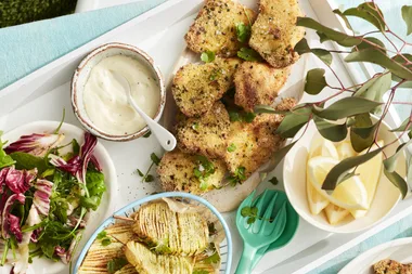 Air fryer herby crumbed fish with aioli and accordion potatoes