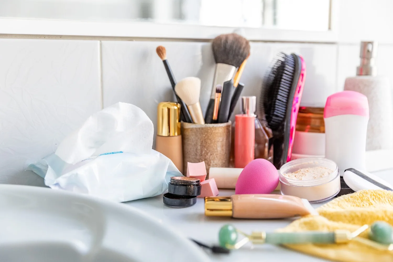 Get rid of old makeup or products you don't use to help declutter your bathroom.