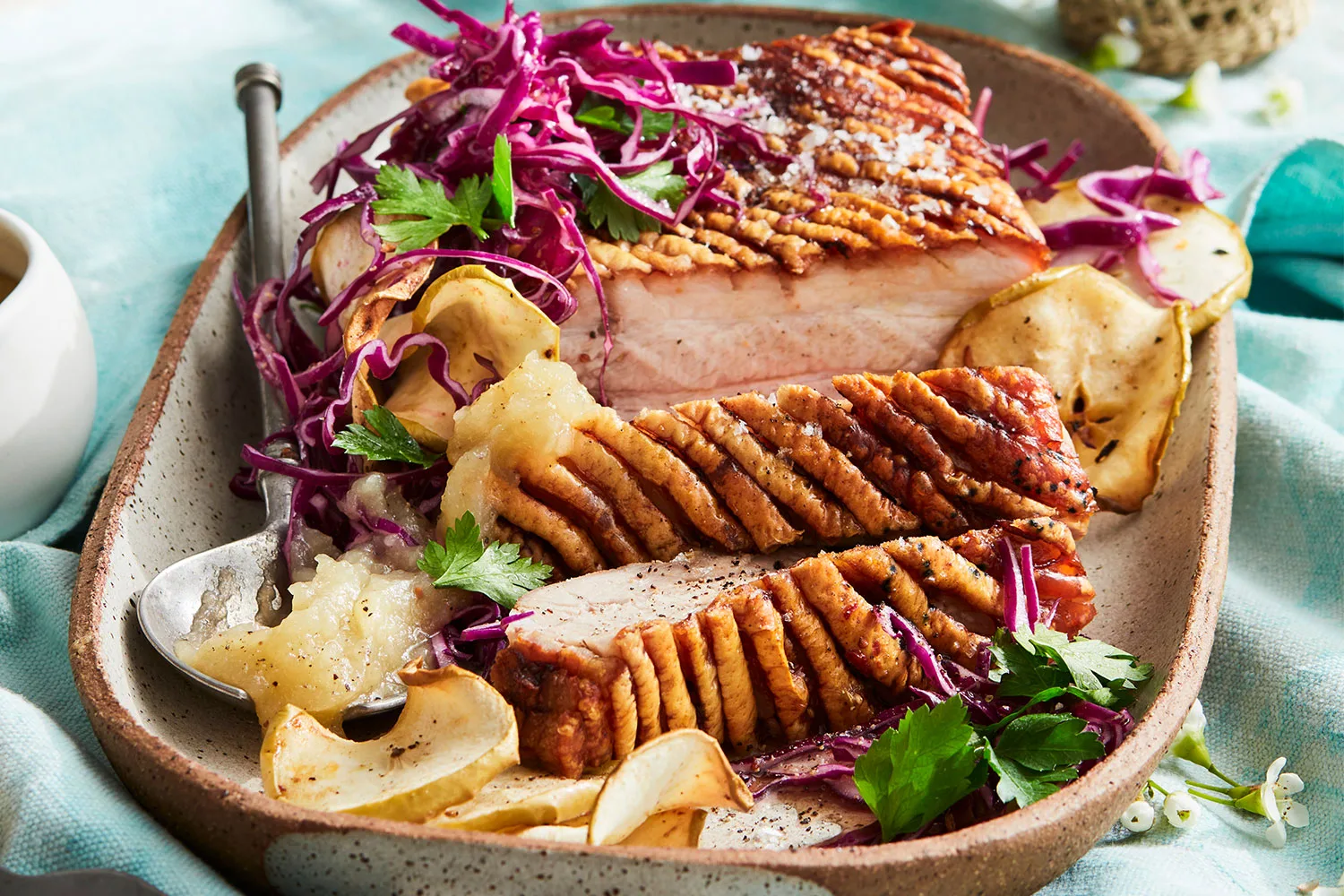 Air fryer pork belly with apple sauce and slaw