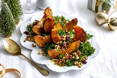 Roasted pumpkin with lentils, kale and honey glaze