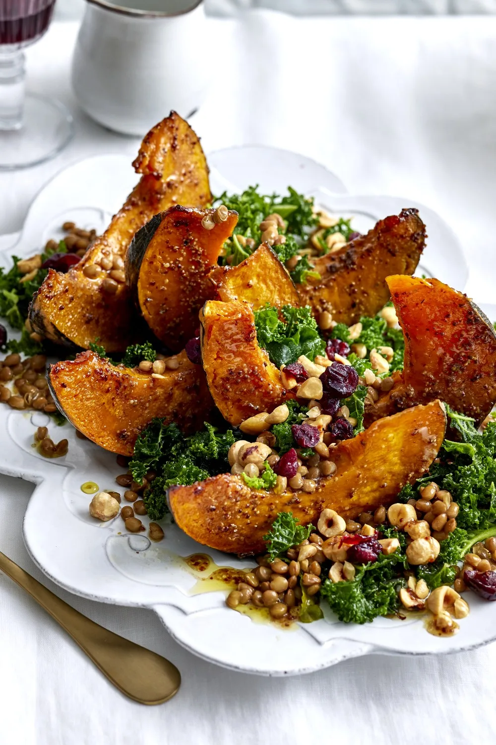 Roasted pumpkin with lentils, kale and honey glaze