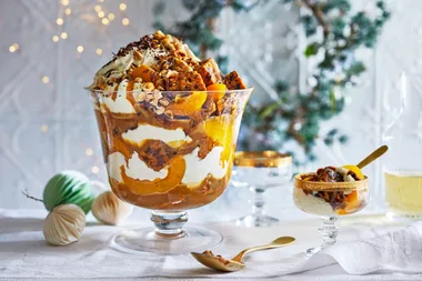 Fruit cake and peach trifle