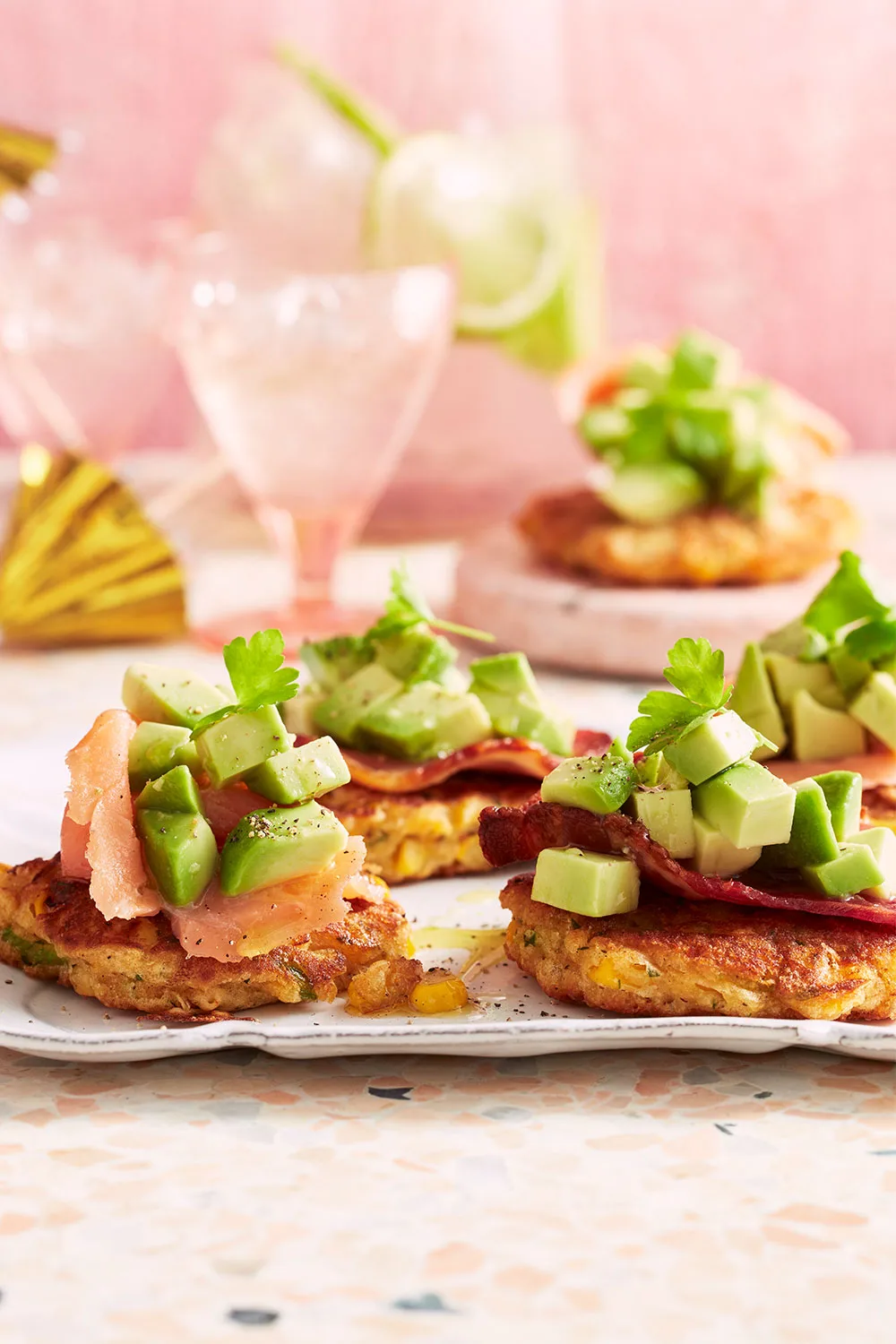 chopped avocado with coriander and smoked salmon chunks on top