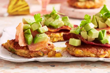 Corn fritters with smoked salmon and crispy bacon