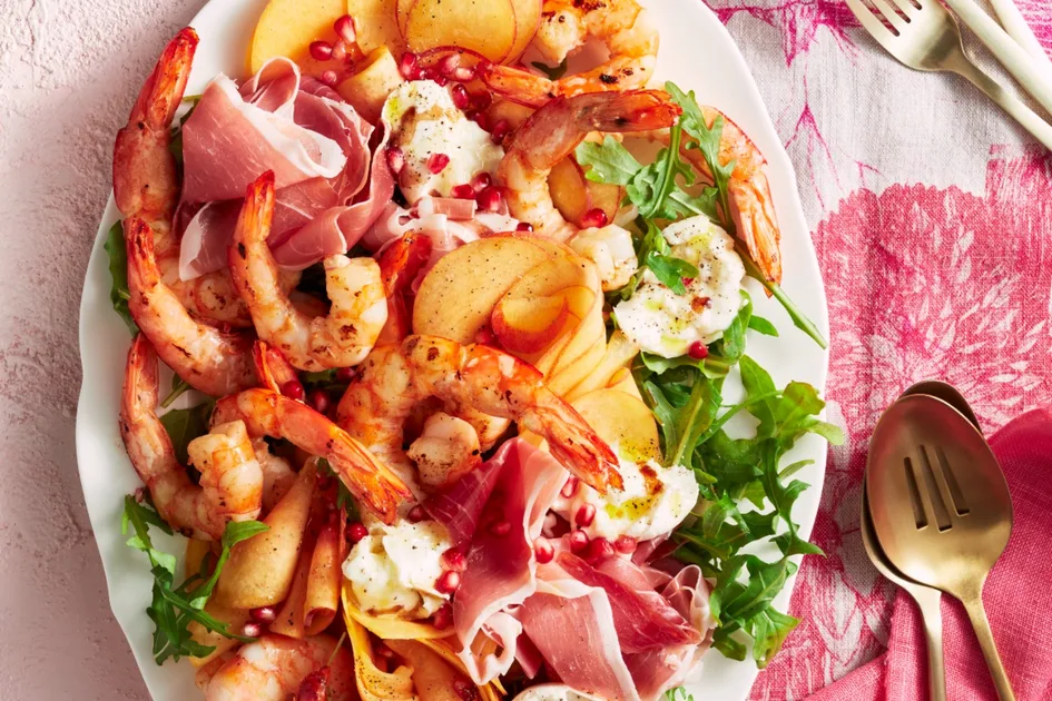 Prawn, Prosciutto, Mozzarella and Peach Salad recipe Recipe | Better Homes & Gardens Australia