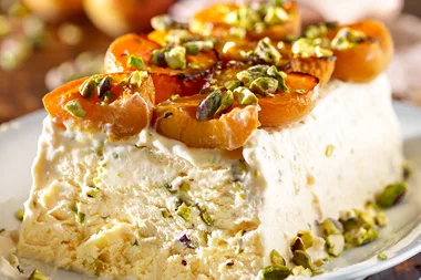 Apricot, orange blossom water and pistachio semifreddo