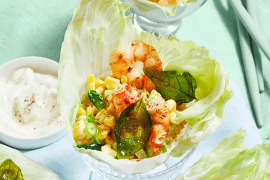 Prawn, corn and basil lettuce cups
