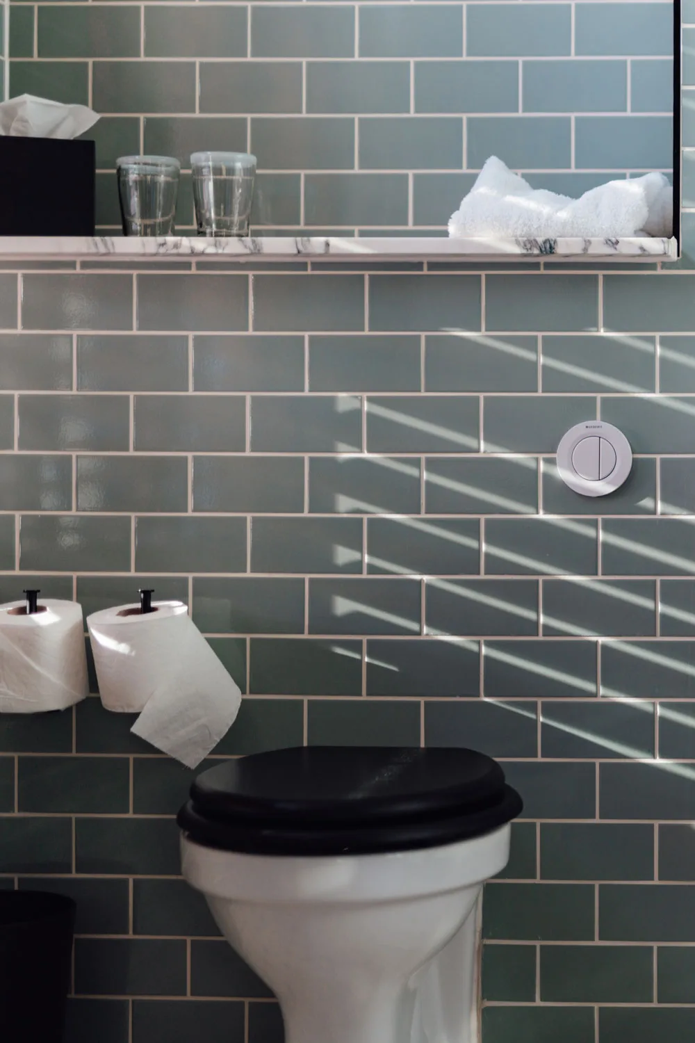 Citric acid, vinegar and bicarb, Scalex and other products can help to clean black spots in toilet bowl.