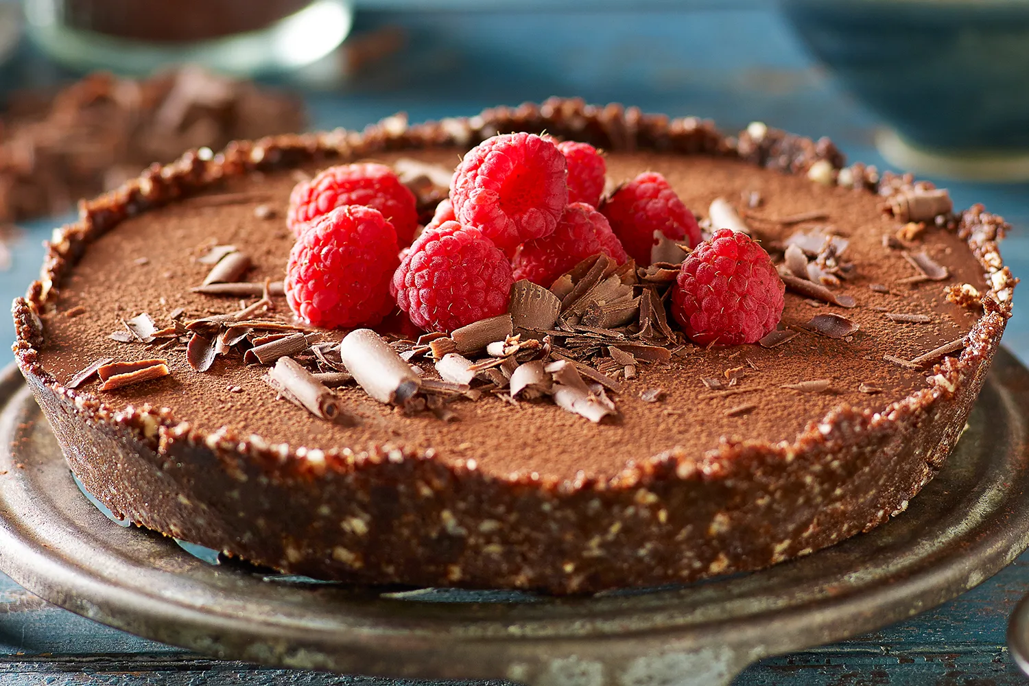 No-bake chocolate ganache tart with raspberries