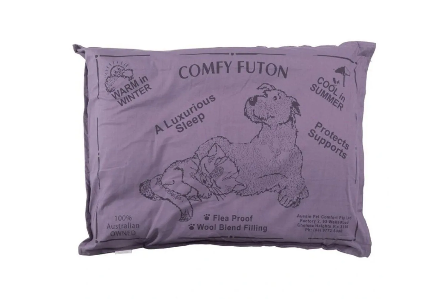 comfy futon made from wool with picture of scruffy dog on cover