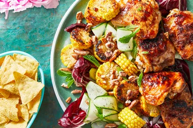 Smokey lime-glazed barbecued chicken with corn and pecan salad
