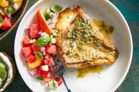 Buttered snapper with peach and watermelon salsa