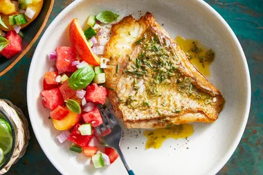 Buttered snapper with peach and watermelon salsa