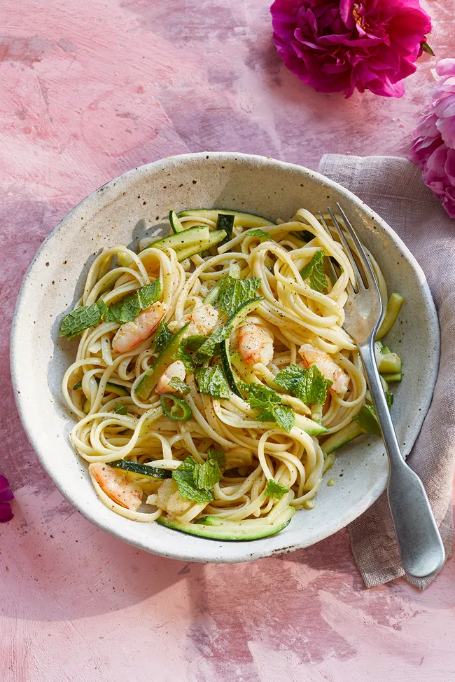Prawn linguine with zucchini, anchovy, mint and chilli