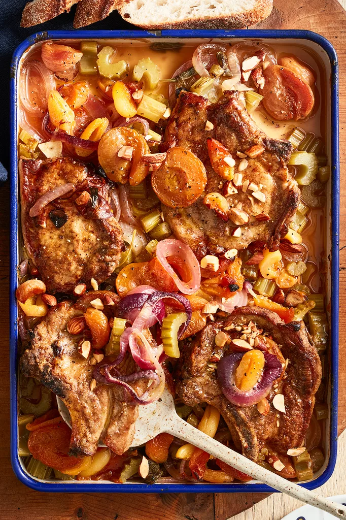 Pork apricot almond bake